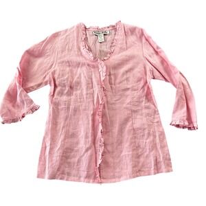 Vintage Victoria Holley Pink 100% Linen Ruffle Trim Button Front Blouse Feminine